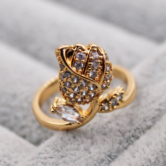 18K Yellow Gold Filled Carved Rose Flower Leaf Diamond Zircon Ring Gorgeous Gift - Picture 3 of 5